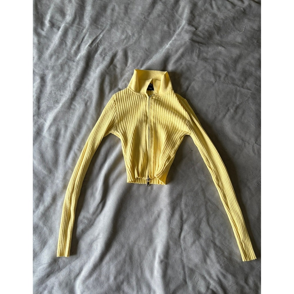 Forever 21 Yellow Ribbed Full Zip Cropped Sweater Mock Neck Long Sleeve Small